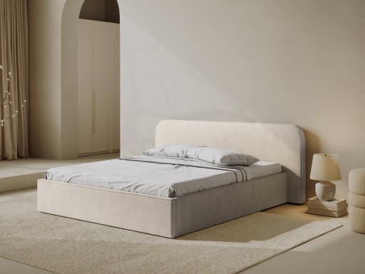 Pat tapitat cu somiera rabatabila si lada depozitare, 160x200 cm, Micadoni Home, Elizabeth-68, tesatura structurata chenille, bej