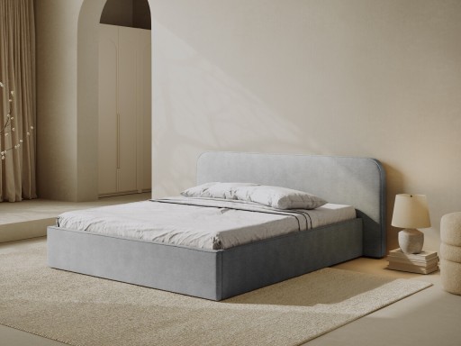 Pat tapitat cu somiera rabatabila si lada depozitare, 200x200 cm, Micadoni Home, Elizabeth-68, tesatura structurata chenille, gri deschis