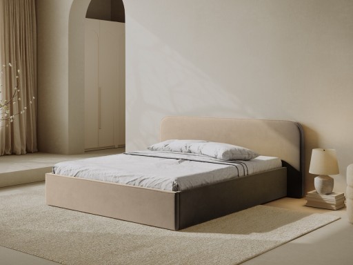 Pat tapitat cu somiera rabatabila si lada depozitare, 200x200 cm, Micadoni Home, Elizabeth-261, catifea, bej sand