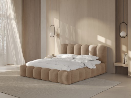 Pat tapitat cu somiera rabatabila si lada depozitare, 160x200 cm, Micadoni Home, Lupine-88, catifea, bej sand
