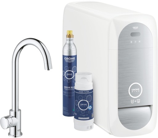 Baterie bucatarie Grohe Blue Home cu pipa C  sistem de filtrare  racire si carbogazificare  crom