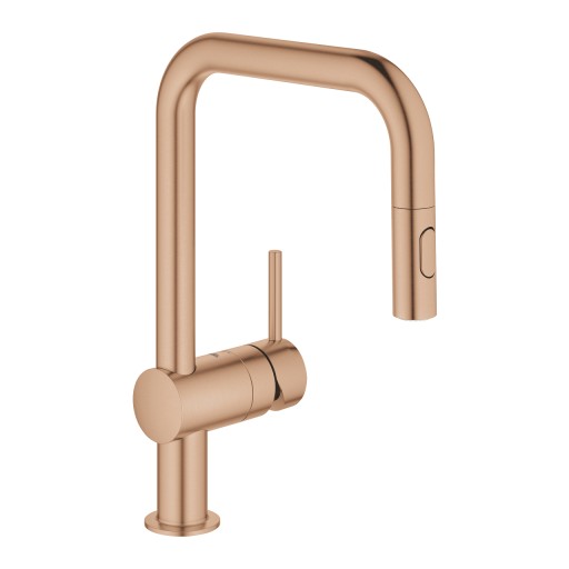 Baterie bucatarie Grohe Minta cu dus extractibil dual spray  pipa U  brushed warm sunset
