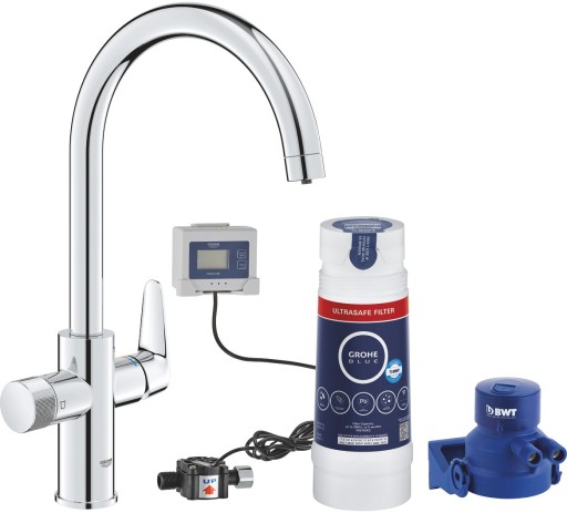 Baterie bucatarie Grohe Blue Pure BauCurve cu sistem filtrare Ultrasafe  starter kit  crom