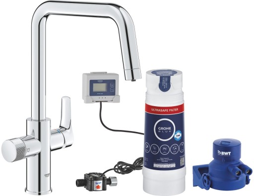 Baterie bucatarie Grohe Blue Pure Start cu pipa C  sistem filtrare Ultrasafe  starter kit  crom
