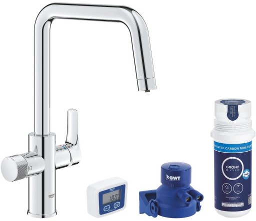 Baterie bucatarie Grohe Blue Pure Start cu pipa U  sistem filtrare  starter kit  crom