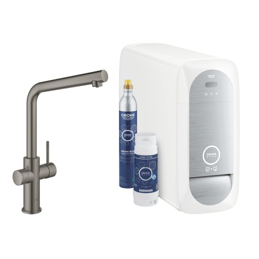 Baterie bucatarie Grohe Blue Home cu pipa L  sistem filtrare  starter kit  brushed hard graphite