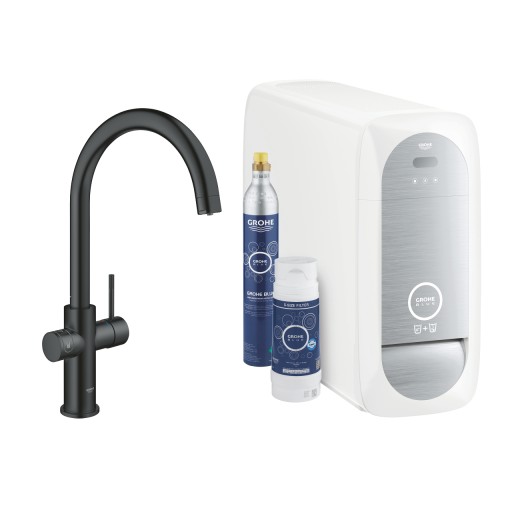 Baterie bucatarie Grohe Blue Home cu pipa C  sistem filtrare  starter kit  velvet black