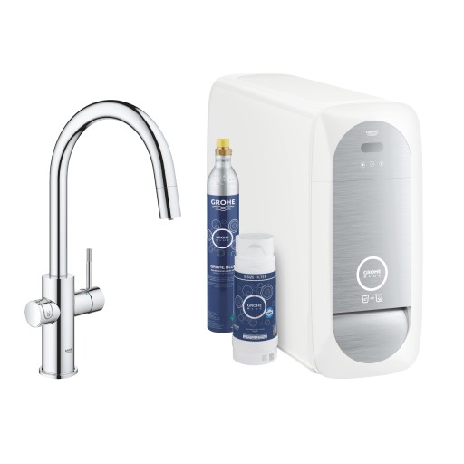Baterie bucatarie Grohe Blue Home Duo cu dus extractibil  pipa C  sistem filtrare  racire si carbonatare  starter kit  crom