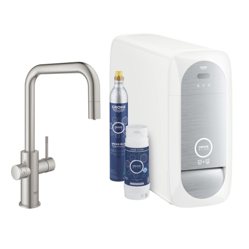 Baterie bucatarie Grohe Blue Home Duo cu dus extractibil  pipa U  sistem filtrare  racire si carbonatare  starter kit  supersteel