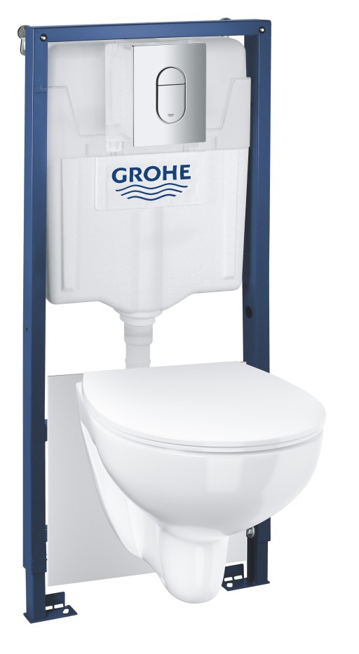 Set complet Grohe Solido 5-in-1 cu vas wc Bau Ceramic  capac slim inchidere lenta  rezervor incastrat cu cadru si clapeta Arena Cosmopolitan crom