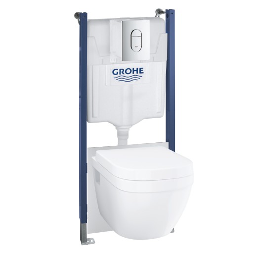 Set complet Grohe Solido 5-in-1 cu vas wc Euro Ceramic  capac inchidere lenta  rezervor incastrat cu cadru si clapeta Arena Cosmopolitan crom