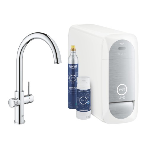 Baterie bucatarie Grohe Blue Home cu pipa C si sistem de filtrare Starter Kit  crom