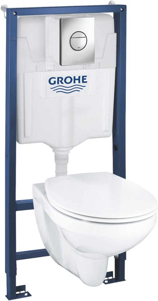Set complet Grohe Solido 4-in-1 cu vas wc suspendat Bau Ceramic cu capac inchidere lenta  rezervor incastrat cu cadru si clapeta Sail crom