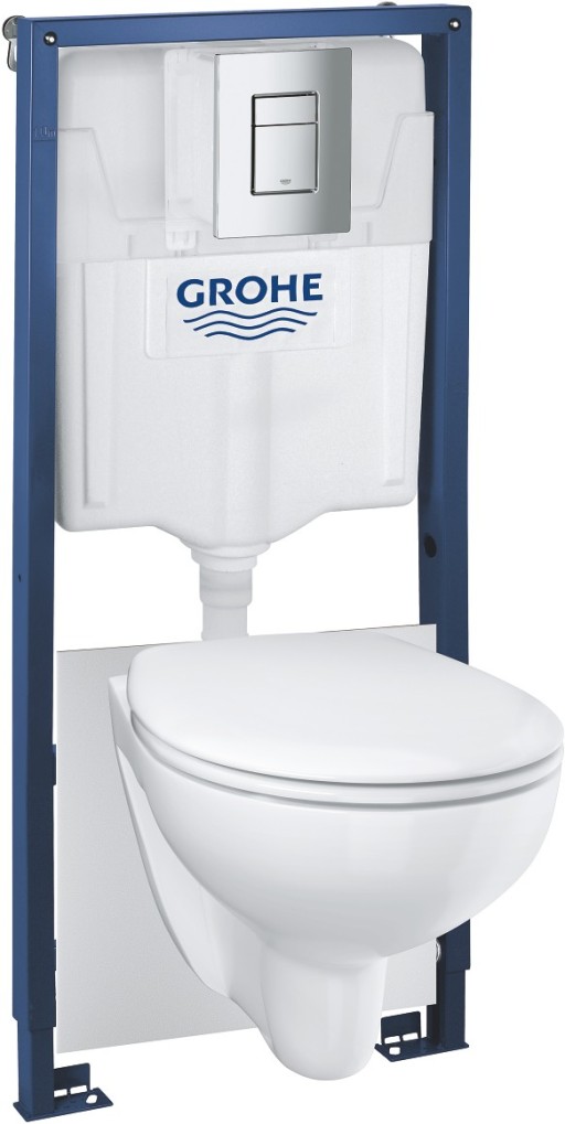 Set complet Grohe Solido 5-in-1 cu vas wc suspendat Bau Ceramic Rimless cu capac inchidere lenta  rezervor incastrat cu cadru si clapeta Skate Cosmopolitan crom