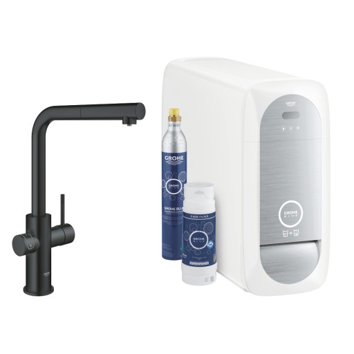 Baterie bucatarie Grohe Blue Home Duo cu dus extractibil  pipa L  sistem filtrare  racire si carbonatare  starter kit  velvet black