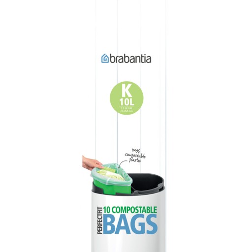 Set 10 saci de gunoi, Brabantia, PerfectFit Twin, marimea K, 10 L, nailon, verde