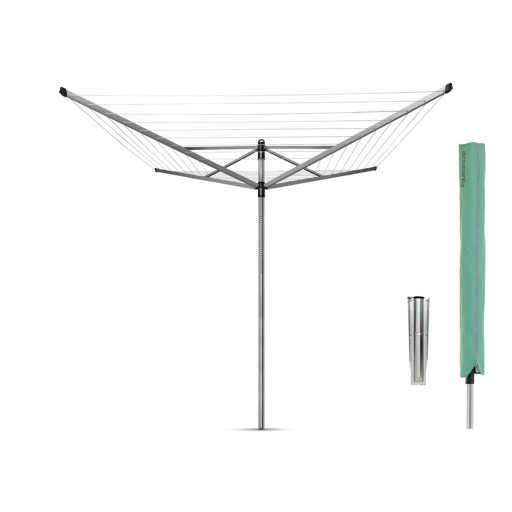 Uscator de rufe rotativ cu 4 brate + cu suport fixare pamant + husa, Brabantia, Lift-O-Matic, 50 m capacitate de uscare, otel, gri metalizat