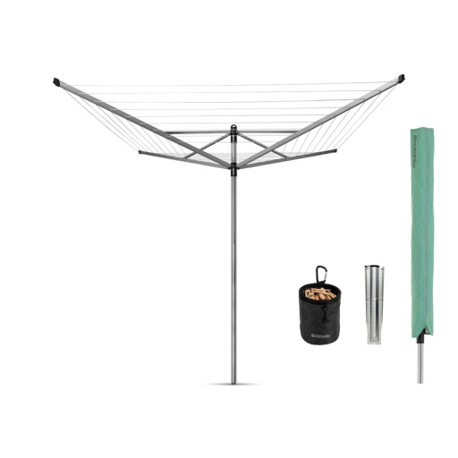 Uscator de rufe rotativ cu 4 brate + cu suport fixare pamant + husa + set carlige rufe, Brabantia, Lift-O-Matic, 50 m capacitate de uscare, otel, gri metalizat