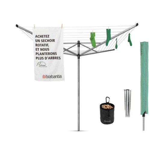 Uscator de rufe rotativ cu 4 brate + cu suport fixare pamant + husa + set carlige rufe, Brabantia, Lift-O-Matic Advance Spike, 50 m capacitate de uscare, otel, gri metalizat