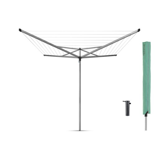 Uscator de rufe rotativ cu 4 brate + cu suport fixare pamant, Brabantia, Essential Metallic, 40 m capacitate de uscare, otel, gri