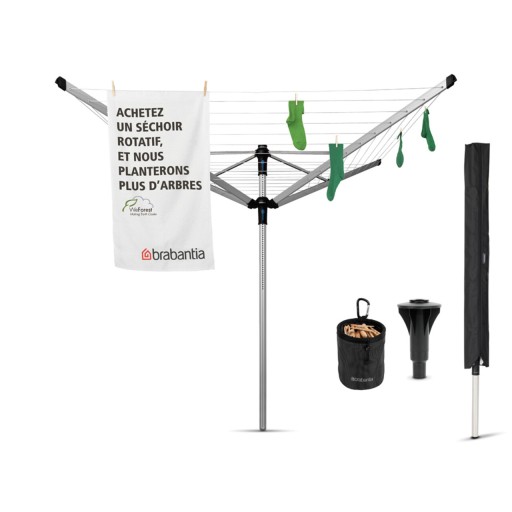 Uscator de rufe rotativ cu 4 brate + cu suport fixare pamant + husa + set carlige rufe, Brabantia, Lift-O-Matic Advance, 50 m capacitate de uscare, otel, gri metalizat
