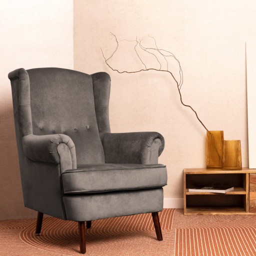 Fotoliu Fossby, Homla, 86x85x108 cm, lemn/catifea din poliester, gri