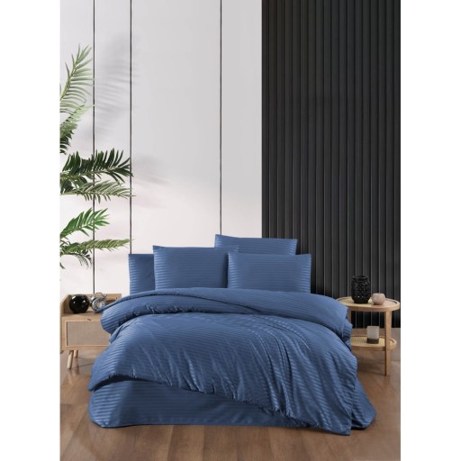 Lenjerie de pat albastră din damasc pentru pat dublu, extinsă cu cearceaf inclus, cu 4 piese 200x220 cm – Mila Home