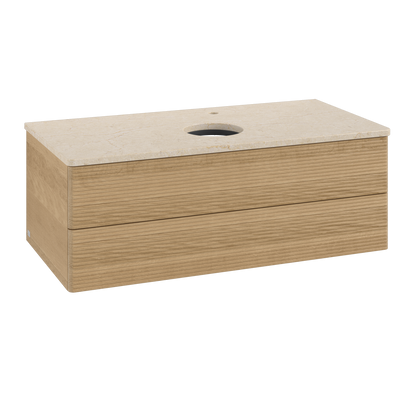 Dulap baza suspendat Villeroy & Boch Antao cu 2 sertare  100x50cm  blat marmura Botticino  front texturat Honey Oak