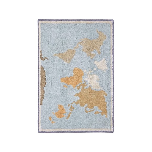 Covor de joacă pentru copii albastru-bej, lavabil, țesut manual din bumbac 70x100 cm Mini Worldmap – Lorena Canals