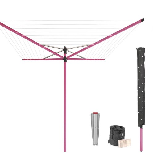 Uscator de rufe rotativ cu 4 brate + cu suport fixare pamant + husa + set carlige rufe, Brabantia, Lift-O-Matic, 50 m capacitate de uscare, otel, roz