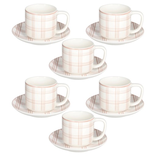 Set 6 cesti de ceai cu farfurie Ivy Quadro Mandorla, Tognana, 220 ml, New Bone China, alb/roz