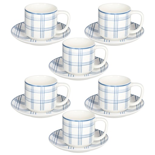 Set 6 cesti de ceai cu farfurie Ivy Quadro Carta Da Zucchero, Tognana, 220 ml, New Bone China, alb/albastru
