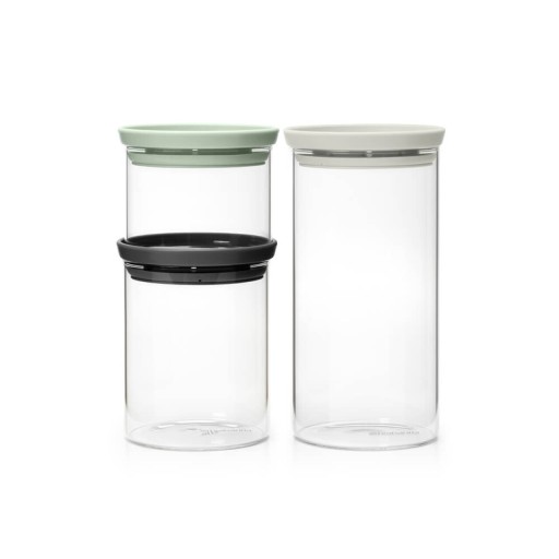 Set 3 recipiente depozitare, Brabantia, Stackable, 300 ml, 600 ml, 1.1 L, sticla borosilicata, gri inchis
