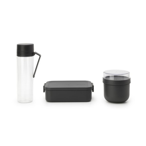 Set caserola pranz, bol si sticla de apa 3 piese, Brabantia, Make&amp;Take Breakfast Set, 1.1 L, 500 ml, plastic, gri inchis