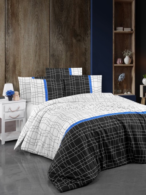 Lenjerie de pat dubla, L'essentiel Maison, Patya, Alb / Negru / Albastru