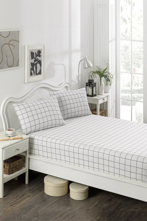 Set de pat dublu (cearceaf cu elastic si perne) 3 piese, Artus - Grey, Eponj Home, 65% bumbac/35% poliester