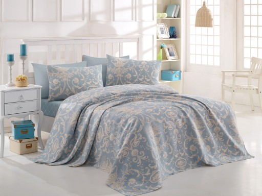 Set cuvertura pique Single, L&#039;essentiel Maison, Tuval, Bumbac Ranforce, Albastru/Alb