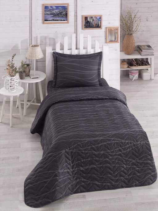 Set cuvertura matlasata Single 160x220 cm, 2 piese, L&#039;essentiel Maison, Verda, 65% bumbac/35% poliester , Gri/Antracit