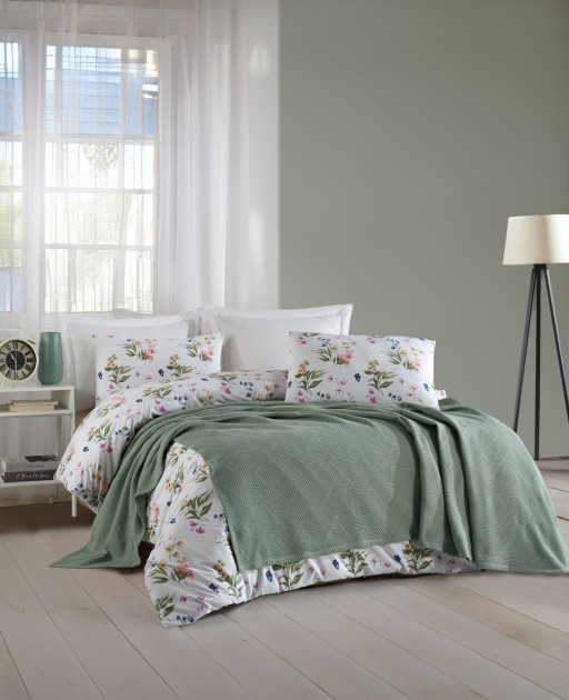 Set cuvertura pique dubla, Zigzag - Green, Şaheser, Bumbac