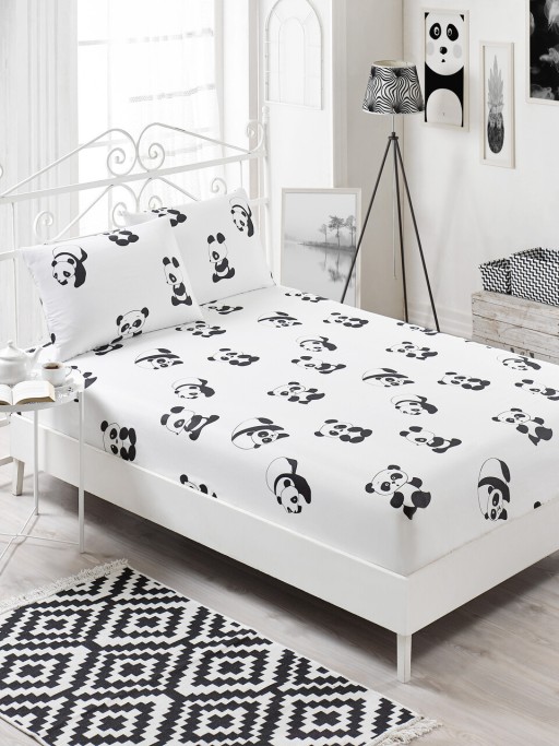 Set de pat dublu (cearceaf cu elastic si perne) 3 piese, Panda, Eponj Home, 65% bumbac/35% poliester