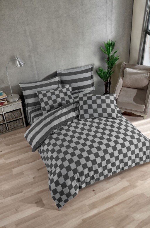 Lenjerie de pat dubla, Kareli Saten - Black, EnLora Home, Bumbac;Poliester