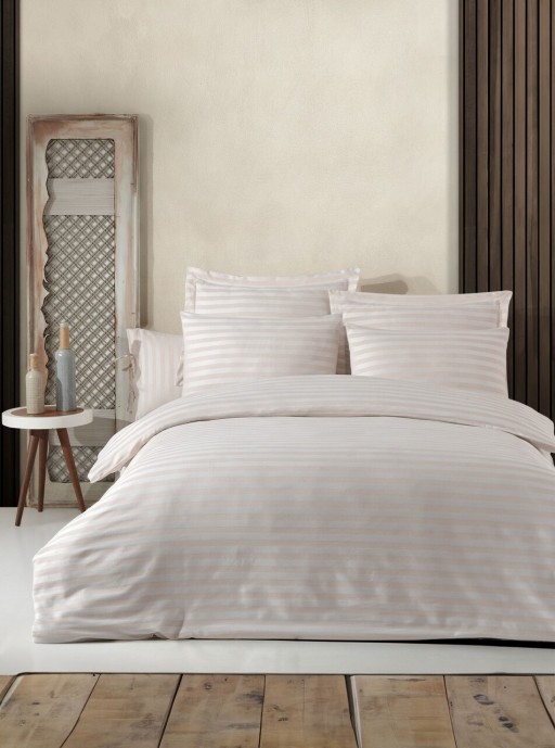 Lenjerie de pat dubla, Water Yollu Saten - Beige, EnLora Home, Bumbac;Poliester