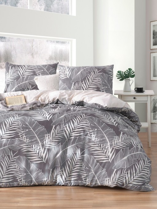 Lenjerie de pat dubla, Palm - Grey, EnLora Home, 65% bumbac/35% poliester