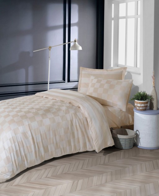 Lenjerie de pat pentru o persoana, Kareli Saten - Beige, EnLora Home, Bumbac;Poliester