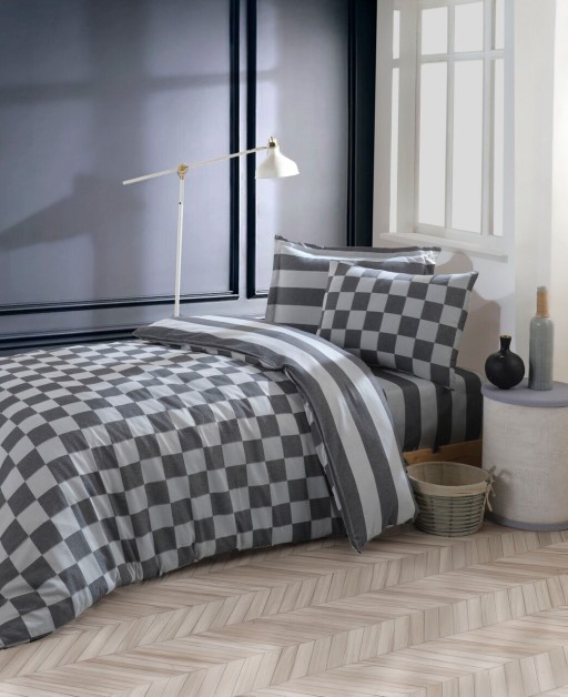 Lenjerie de pat pentru o persoana, Kareli Saten - Black, EnLora Home, Bumbac;Poliester