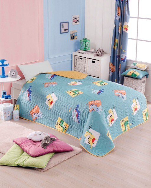 Cuvertura Single 155x200 cm, L&#039;essentiel Maison, Good Dino, 65% bumbac/35% poliester, Verde