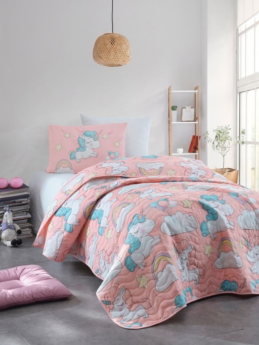 Set cuvertura Single 160x220 cm, 2 piese, Unicornio - Pink, EnLora Home, 65% bumbac/35% poliester