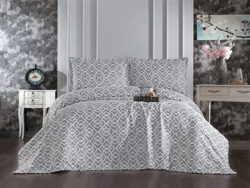 Set cuvertura de pat dubla 3 piese, Merlin - Grey, Whitney, Tesatura Chenille