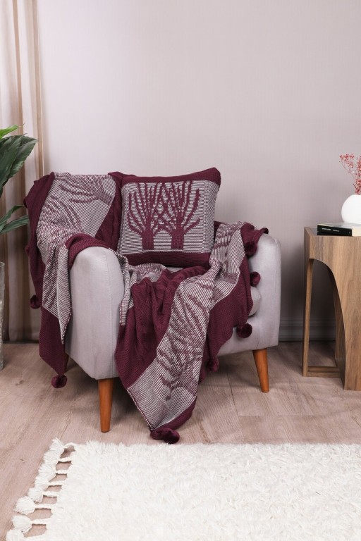 Set patura si perna Single Tricot 130x170 cm, 45x45 cm, Ponpon Tree - Claret Red, Evlen Home - Bedroom, Acril