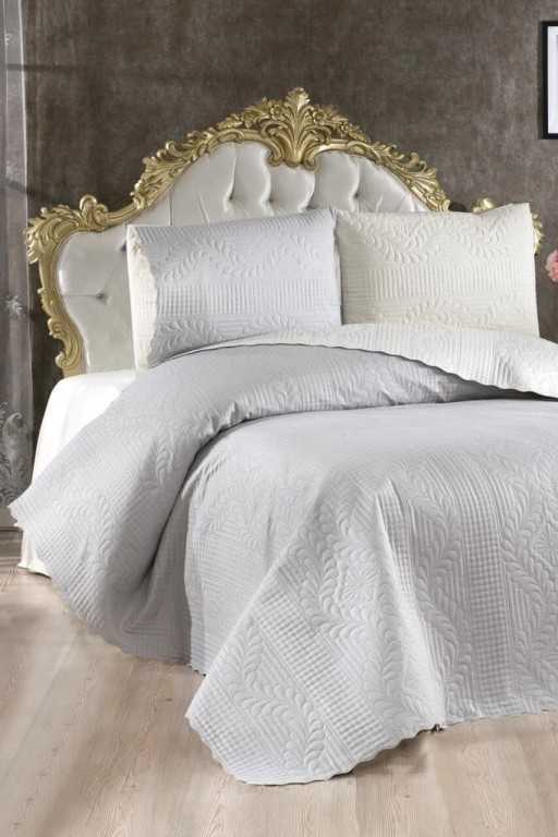 Set cuvertura de pat dubla 3 piese, Sanem - Cream, Grey, Lumea zestrei, Bumbac
